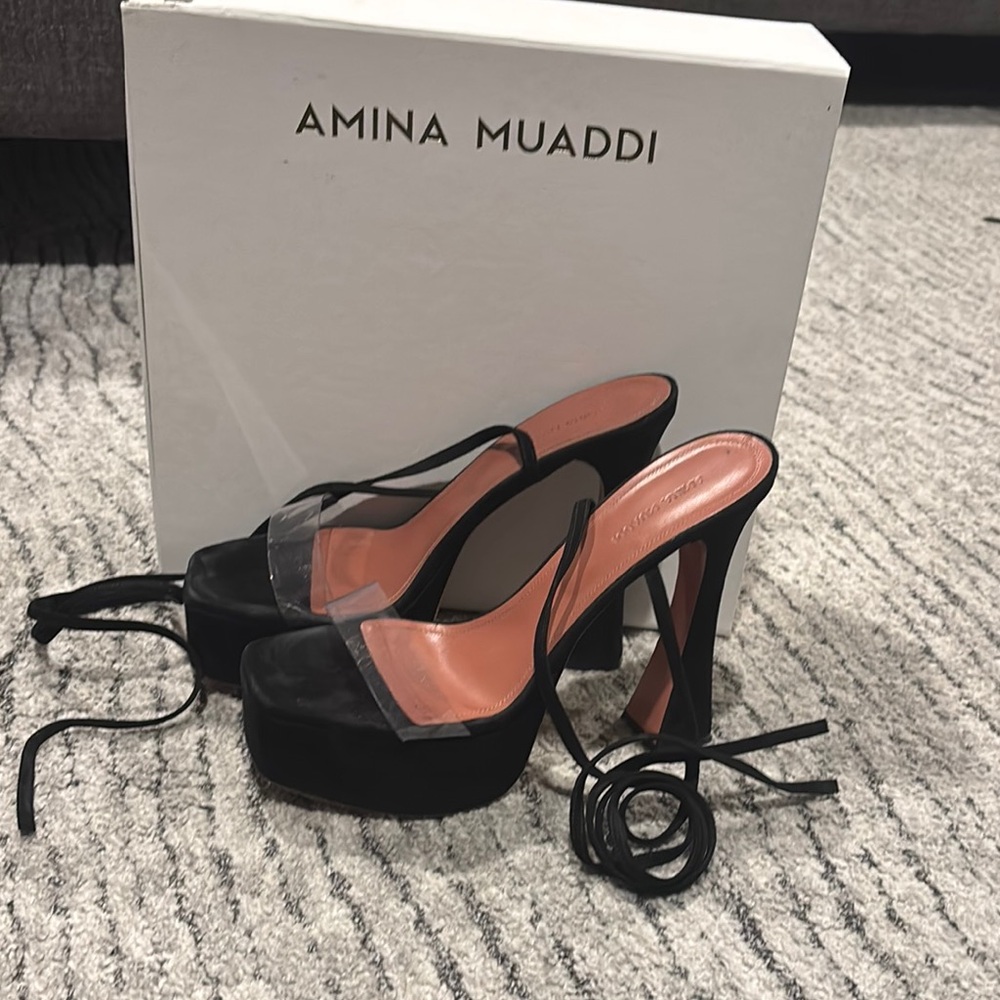 Amina Muaddi Black Stiletto Heels with Platform